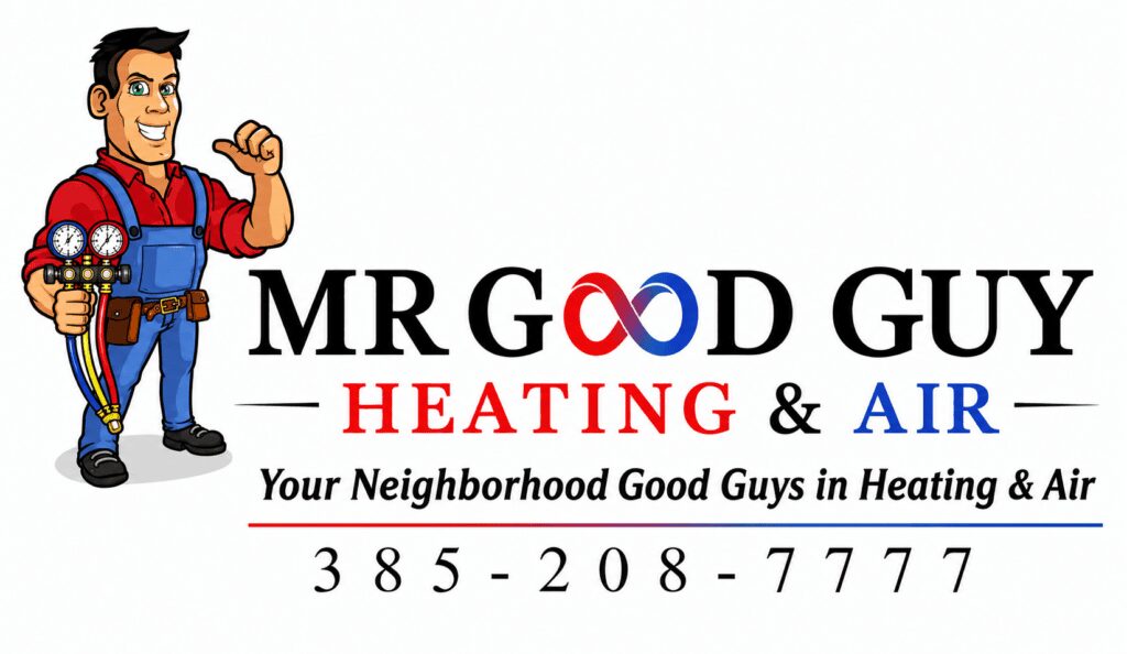 Cartoon HVAC technician and Mr Good Guy logo