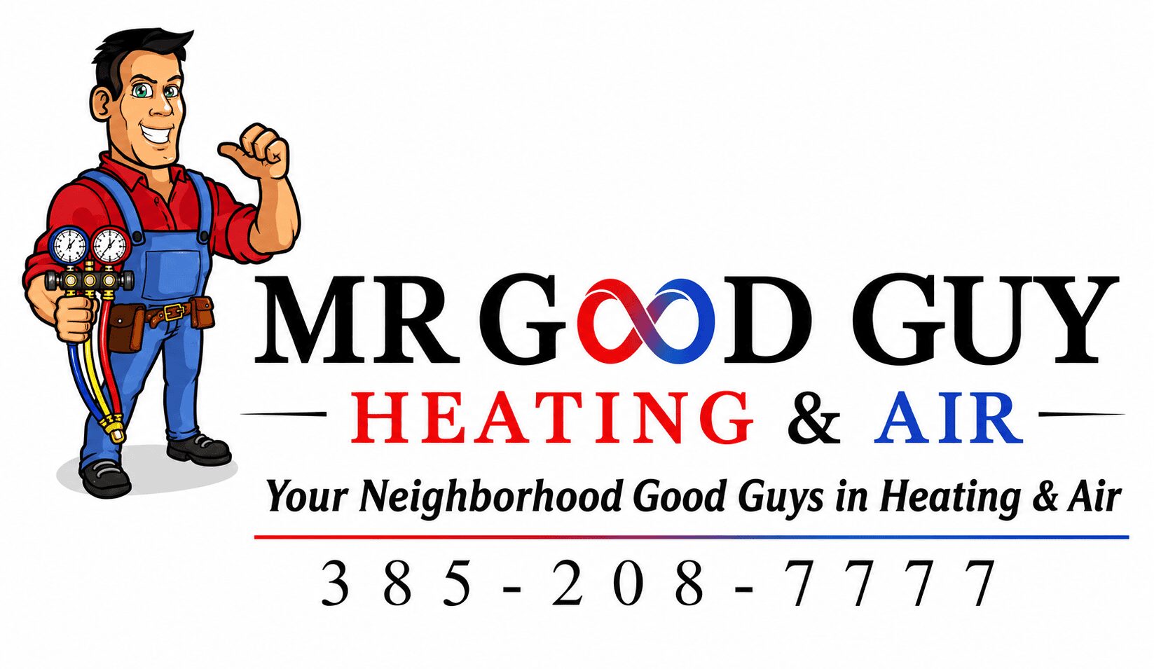 Cartoon HVAC technician and Mr Good Guy logo