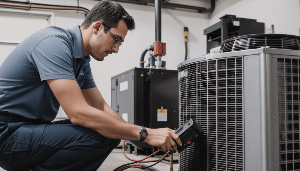 Technician inspecting and testing an HVAC unit with diagnostic tools.